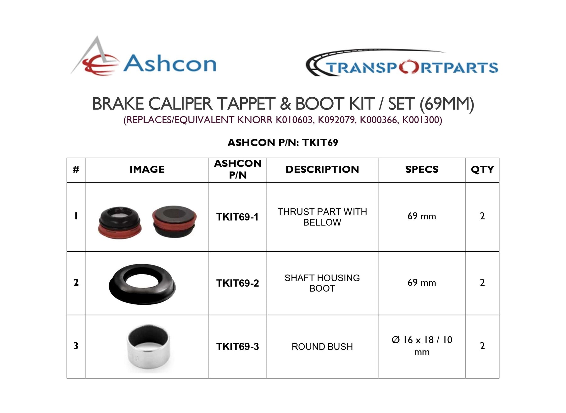BRAKE CALIPER TAPPET & BOOT KIT / SET (69MM) | TKIT69